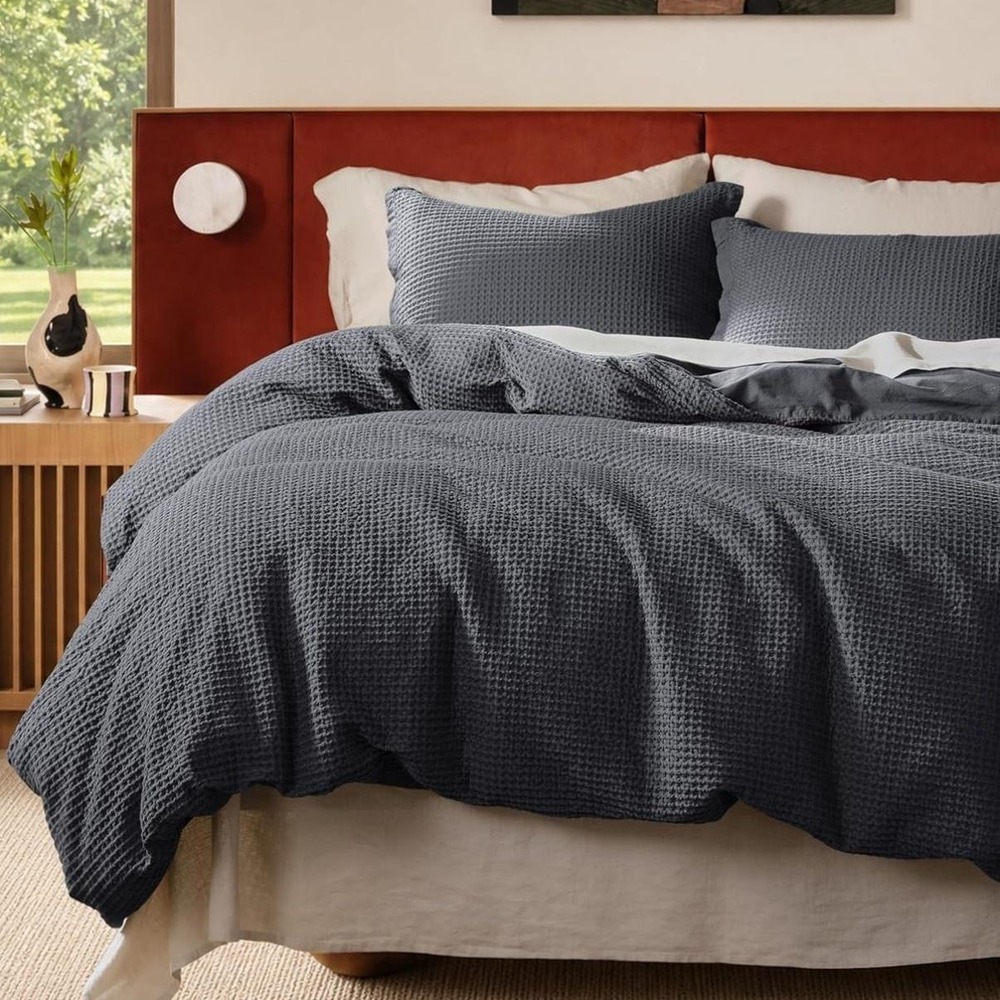 Bedsure King Duvet Cover Set 100% Cotton Gray Waffle Soft Breathable Cozy